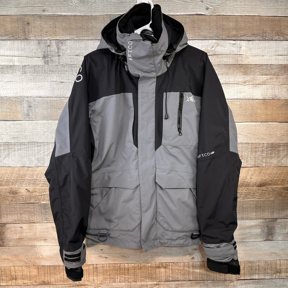 AFTCO Hydronaut Fishing Jacket Mens Small Gray Black Waterproof Hooded Shell